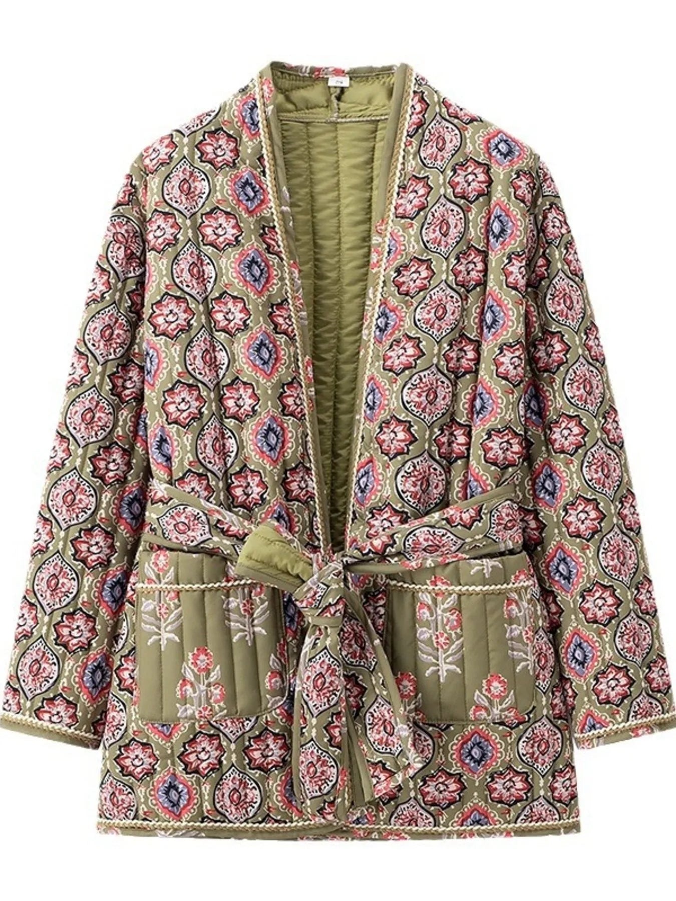Belted Open Front Floral Winter Coat