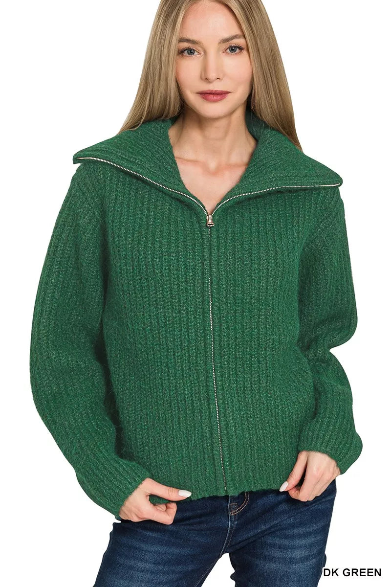 Zenana High Neck Full Zip Sweater Cardigan