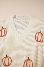 Cable Knit Pumpkin Raw Hem V Neck Loose Sweater