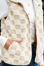 Checker Sherpa Snap Button Vest Jacket With Pocket