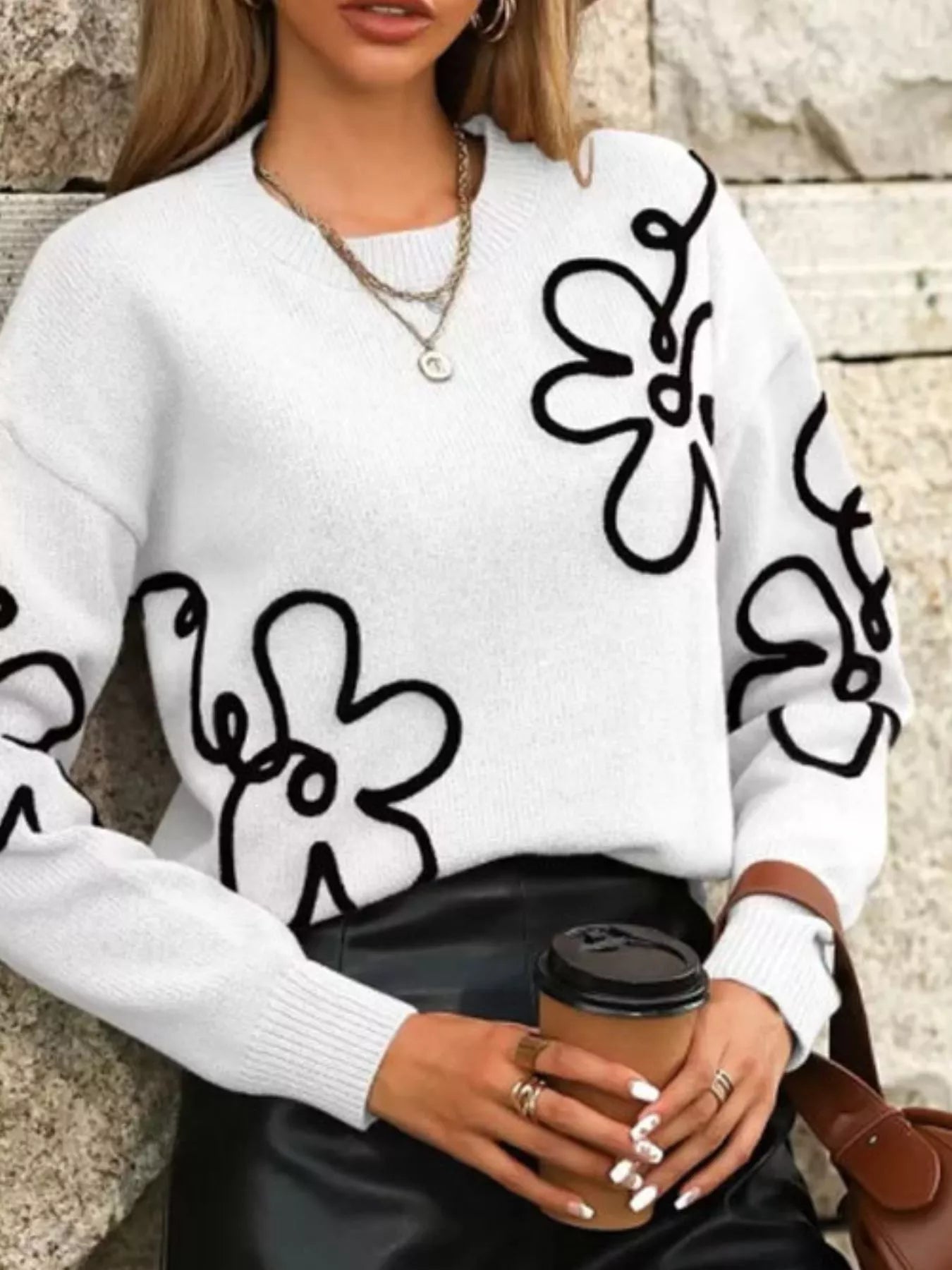 Flower Dropped Shoulder Sweater