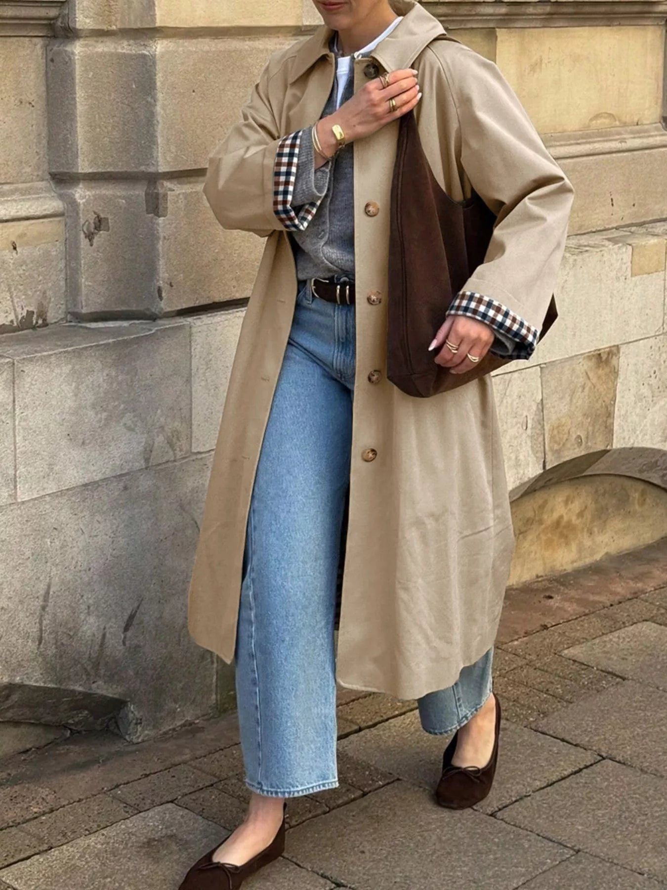 Checkered Lining Button Up Trench Coat