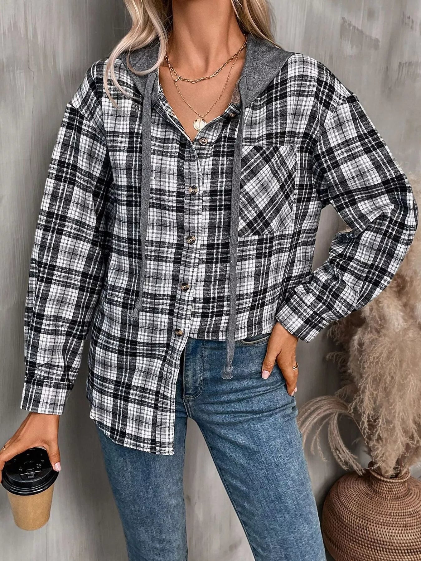 Hooded Plaid Button-Up Shirt