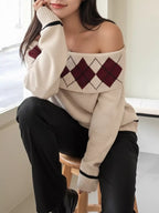Off-Shoulder Argyle Pattern Sweater