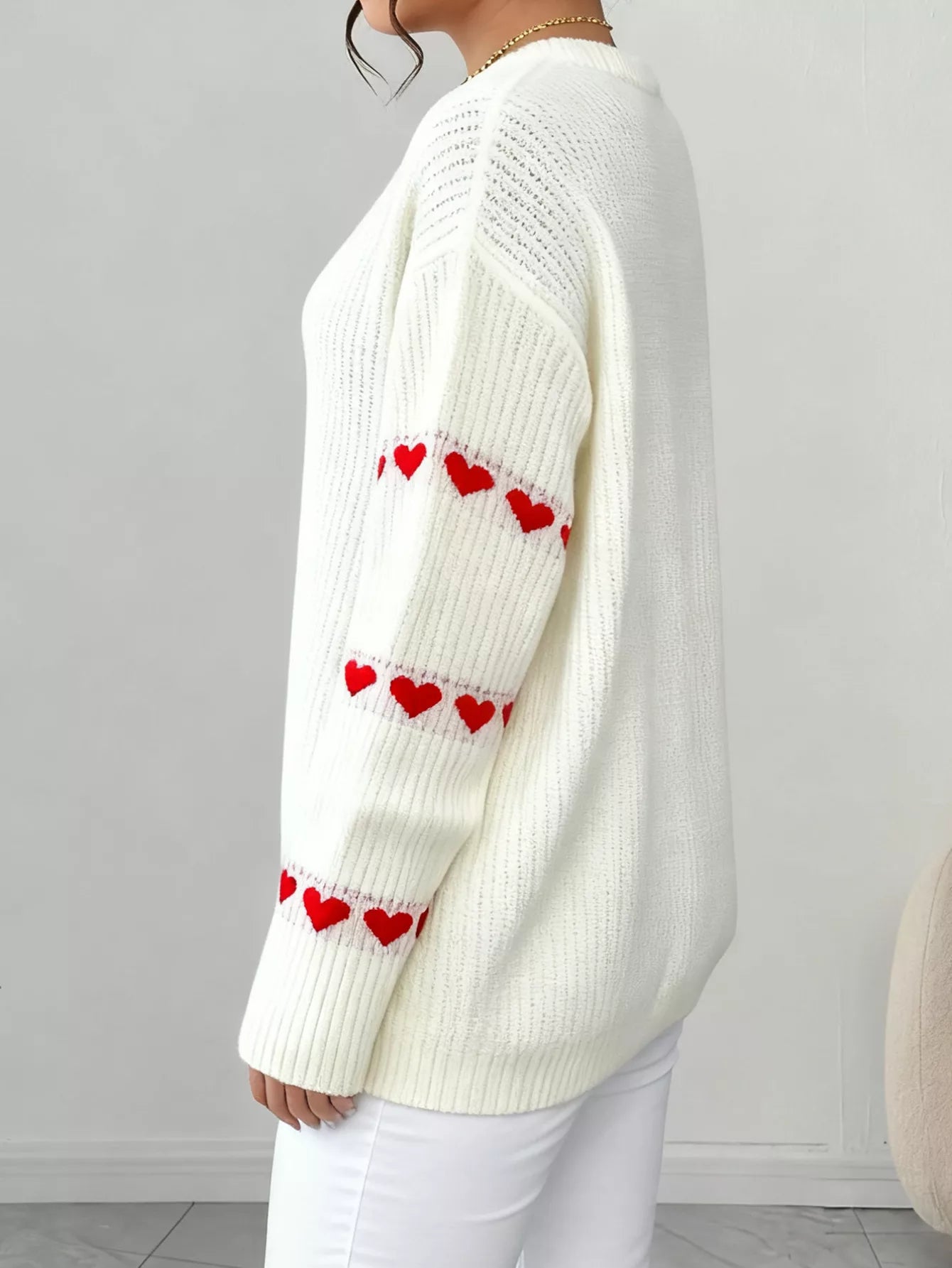 Heart Pattern Round Neck Sweater