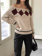 Off-Shoulder Argyle Pattern Sweater