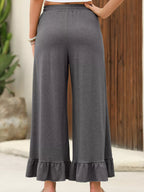 Ruffled Wide Leg Pull On High Waist Pants with Pockets