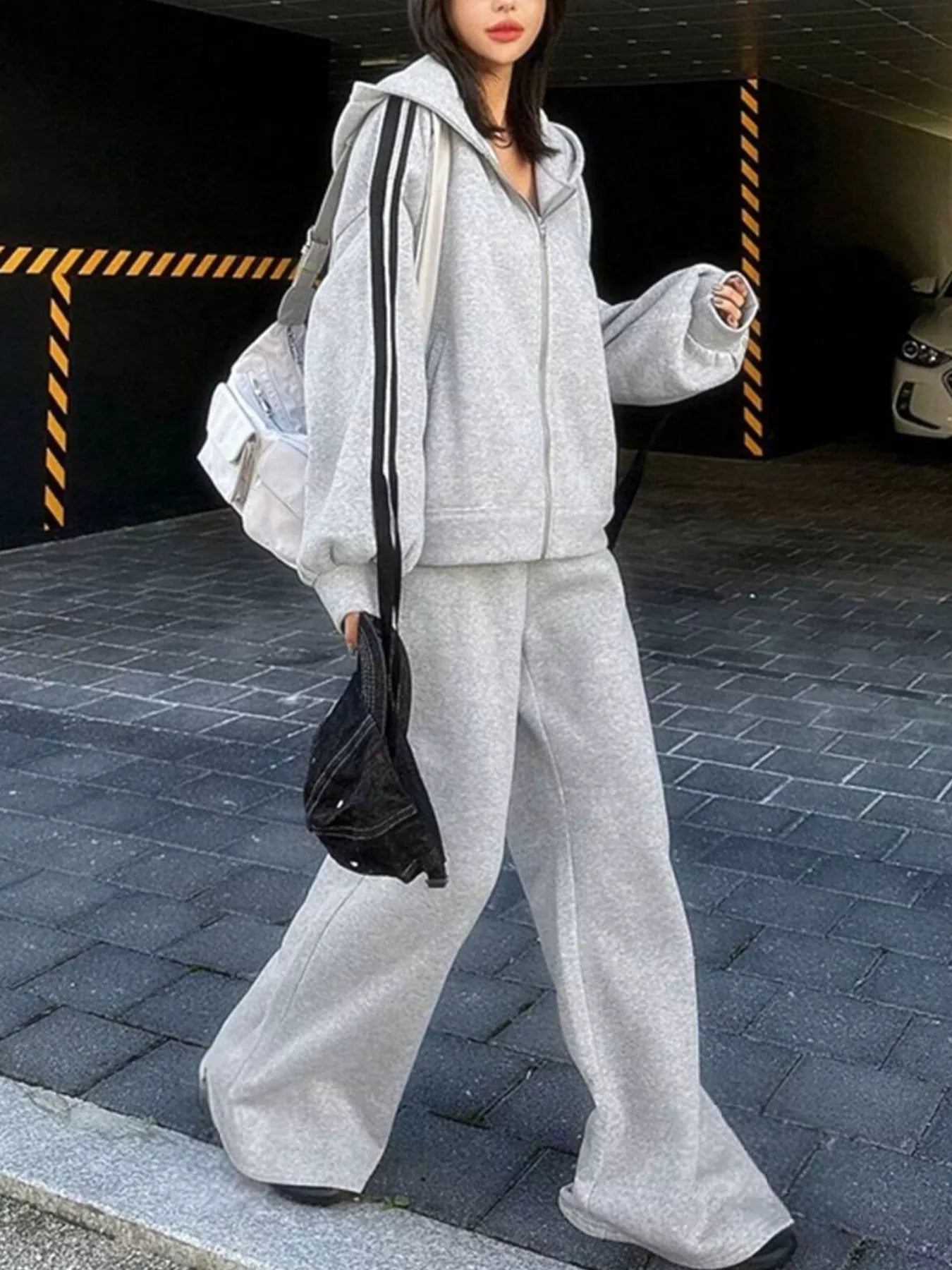 Side Striped Zip Up Hoodie and Pants Set