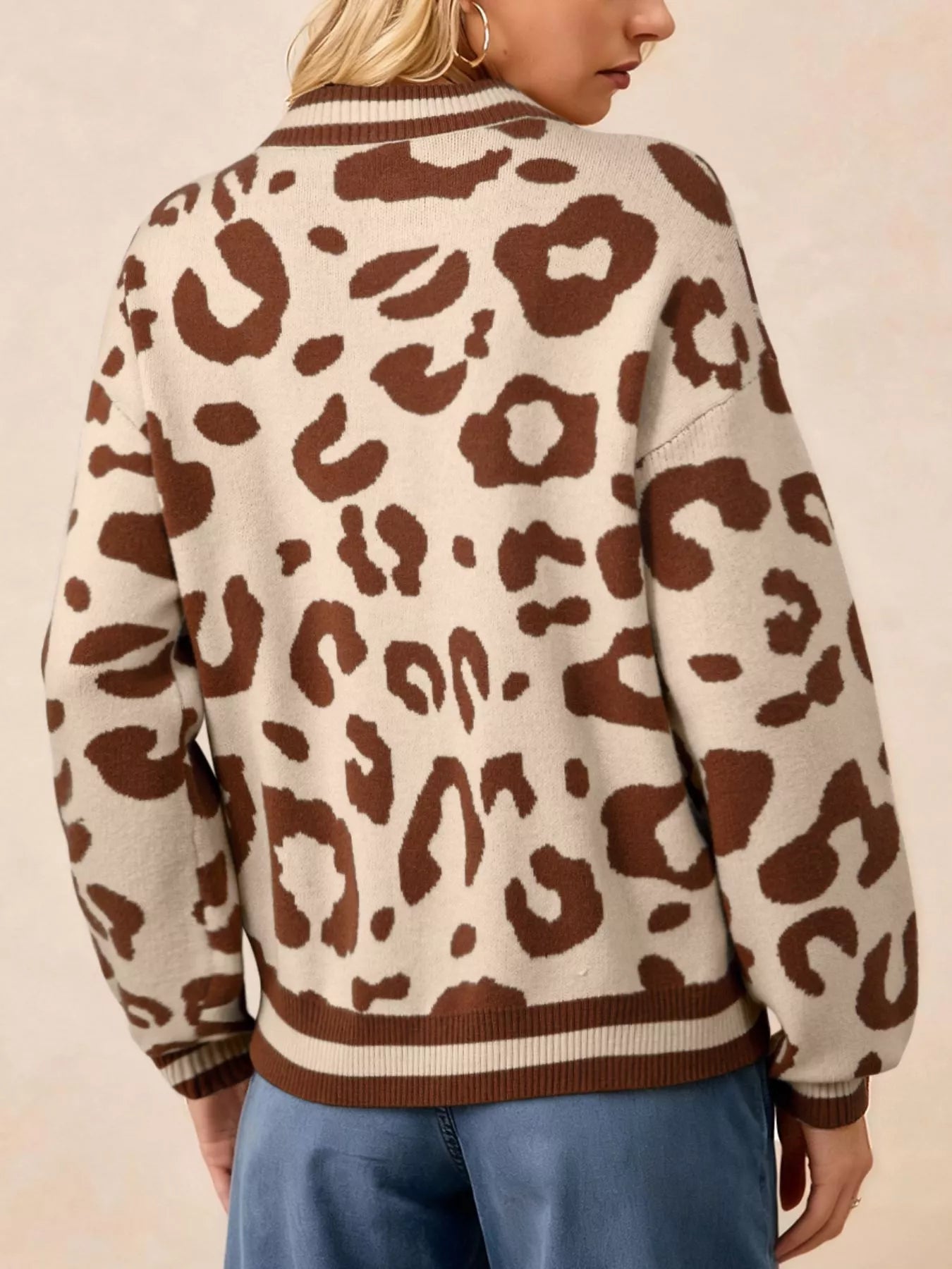 Leopard Knit Notched Casual Sweater