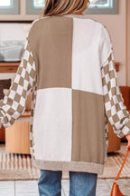 Checkerboard Print Open Front Knit Cardigan