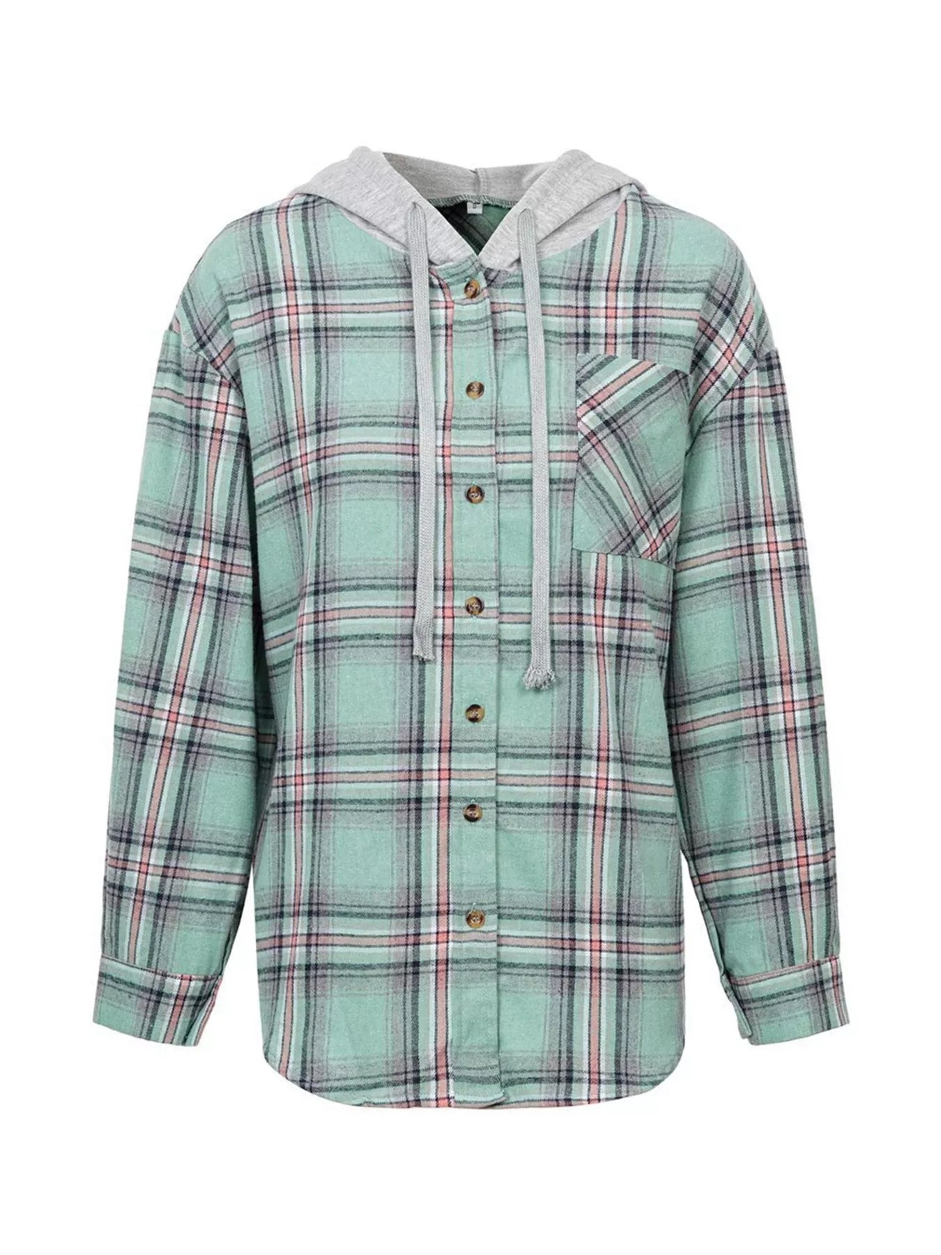Hooded Plaid Button-Up Shirt