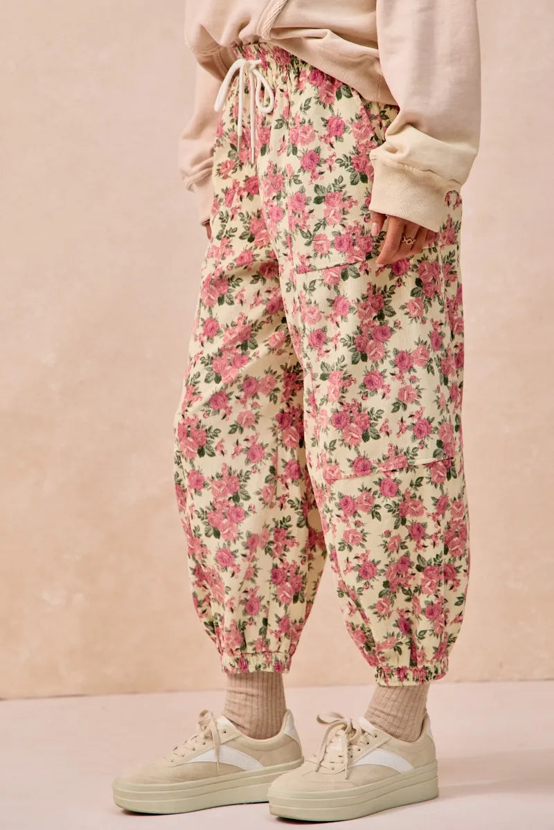 BiBi Floral Printed Twill Drawstring Pants With Elastic Band