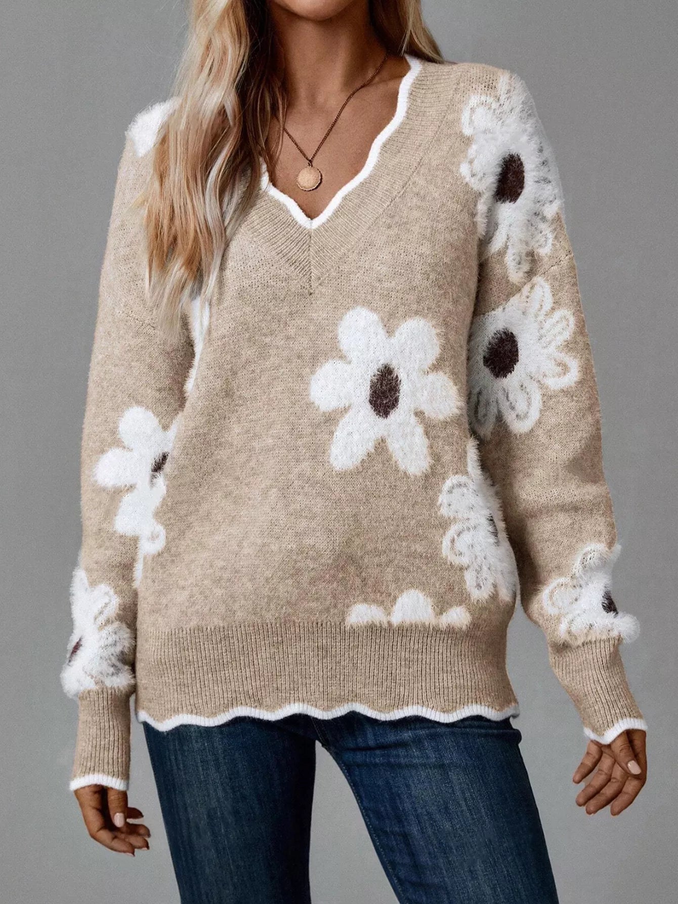 Floral V-Neck Long Sleeve Sweater