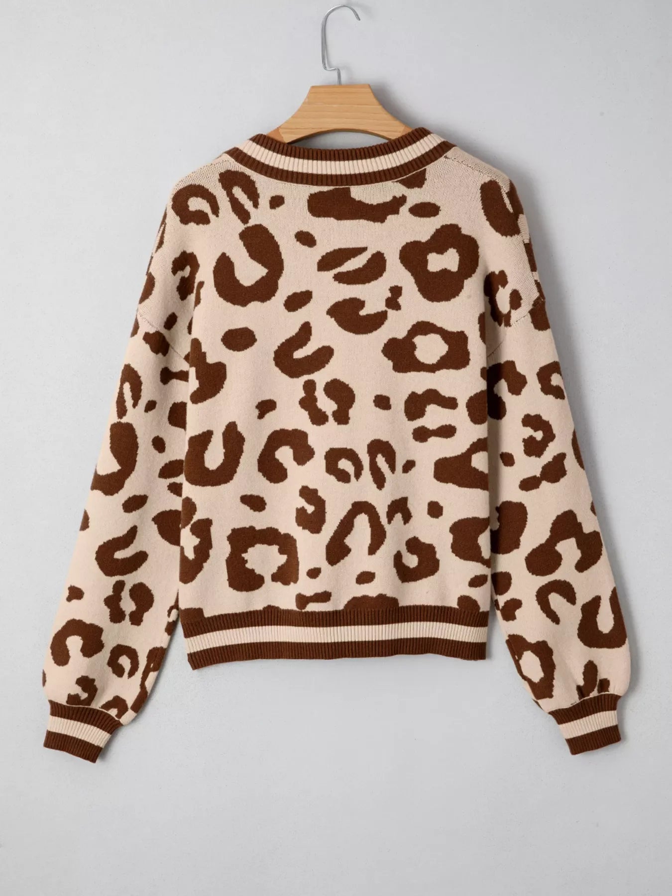 Leopard Knit Notched Casual Sweater