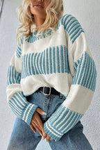 Two Tone Striped Patchwork Drop Shoulder Loose Sweater