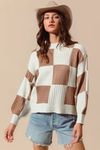 SO ME Ribbed Color Block Checkered Plaid Sweater