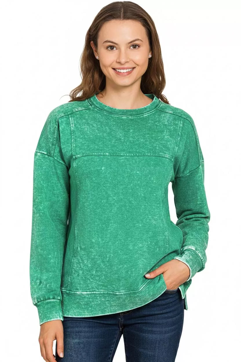 Zenana Acid Wash French Terry Exposed-Seam Pullover