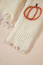 Cable Knit Pumpkin Raw Hem V Neck Loose Sweater