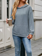 Casual Drawstring Ribbed Knit Hoodie