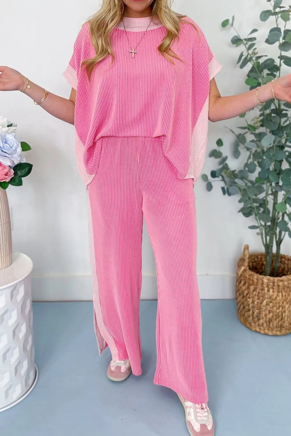 2-tone Colorblock Patchwork Corded 2pcs Outfit