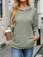 Casual Drawstring Ribbed Knit Hoodie