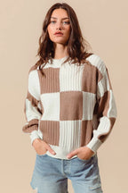 SO ME Ribbed Color Block Checkered Plaid Sweater