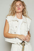 POL Assymetrical Front Closure Raw Hem Floral Denim Vest