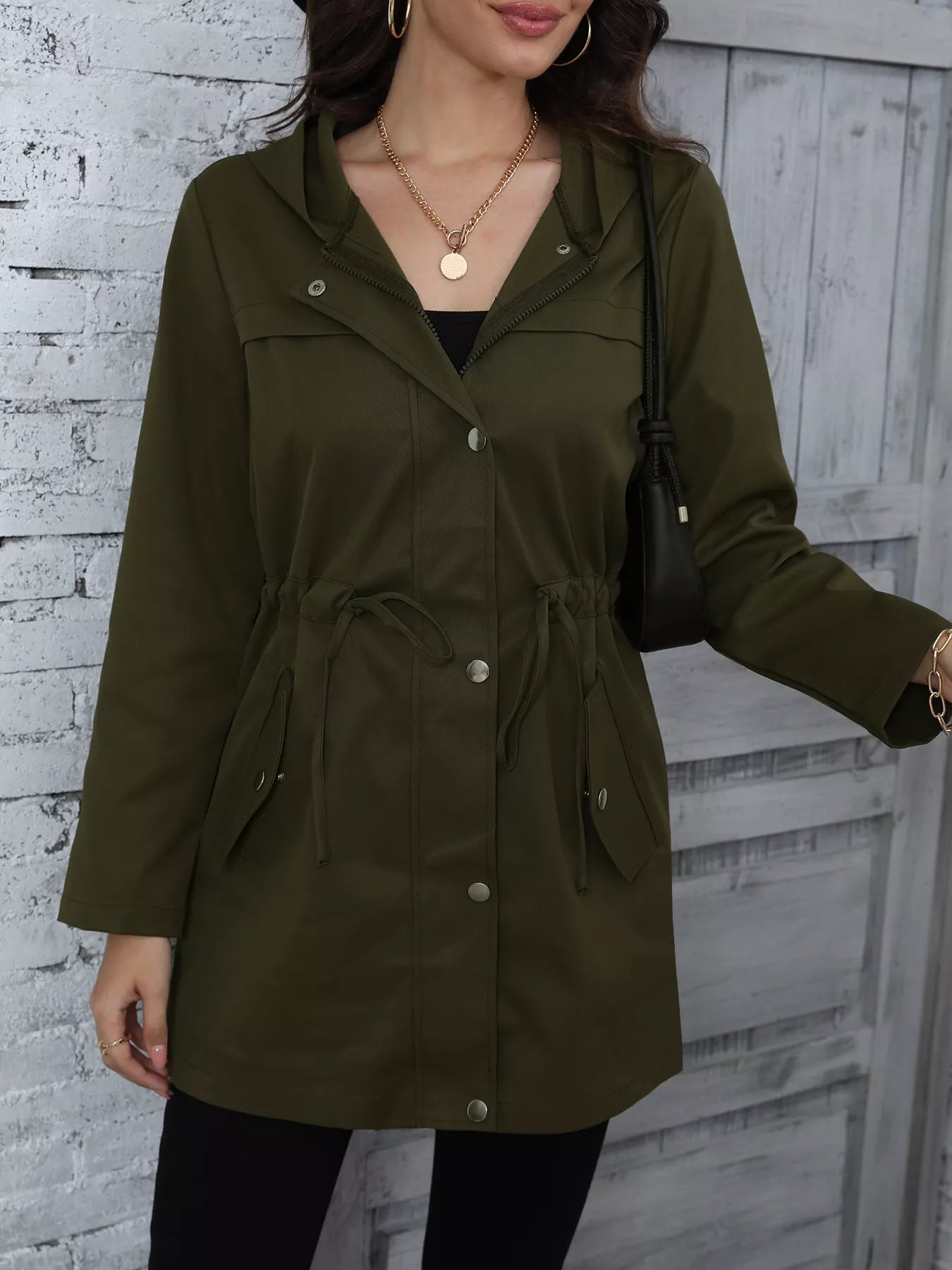 Hooded Drawstring Waist Casual Outerwear