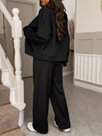 Casual Zipper Front Top and Wide Leg Pants Set