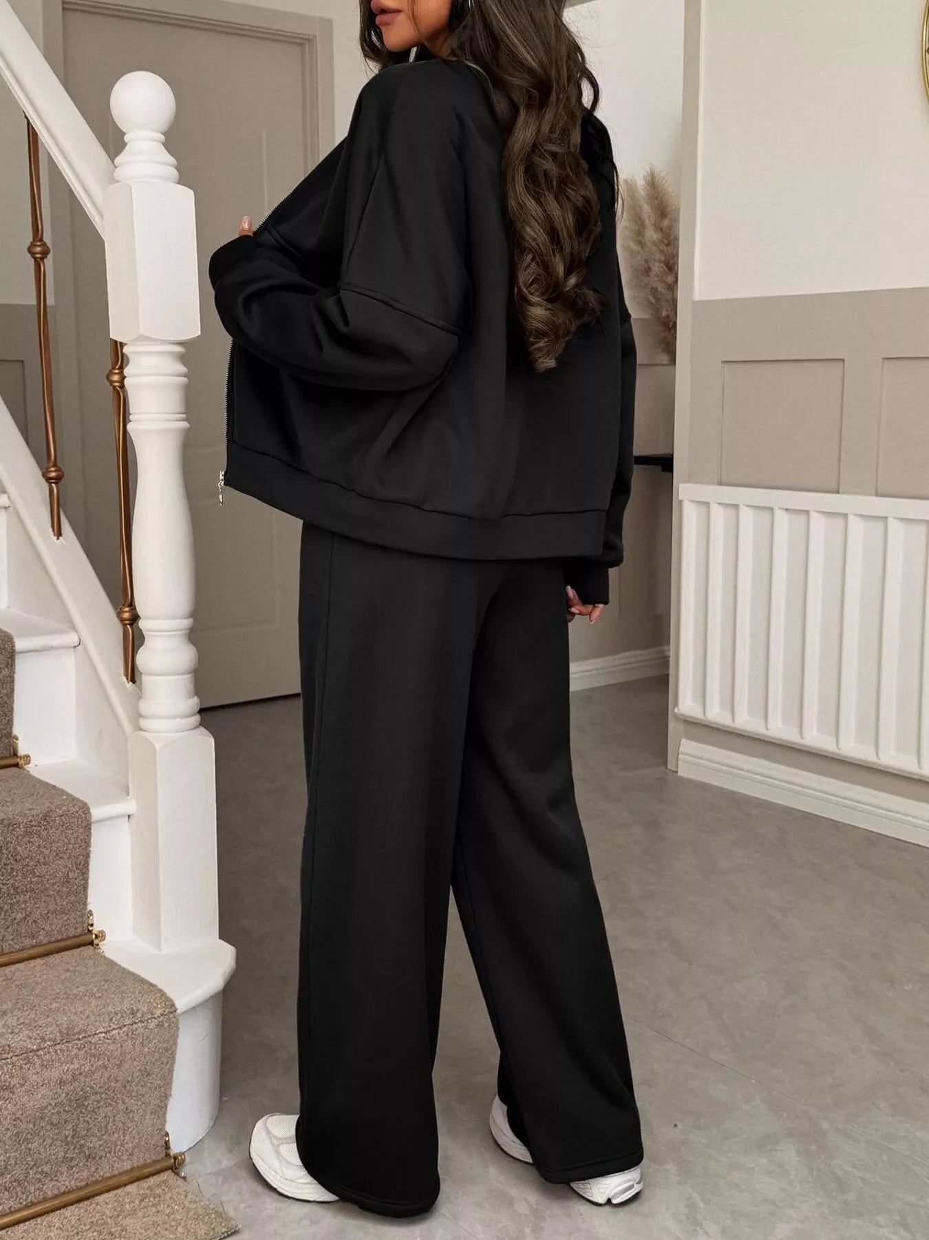 Casual Zipper Front Top and Wide Leg Pants Set