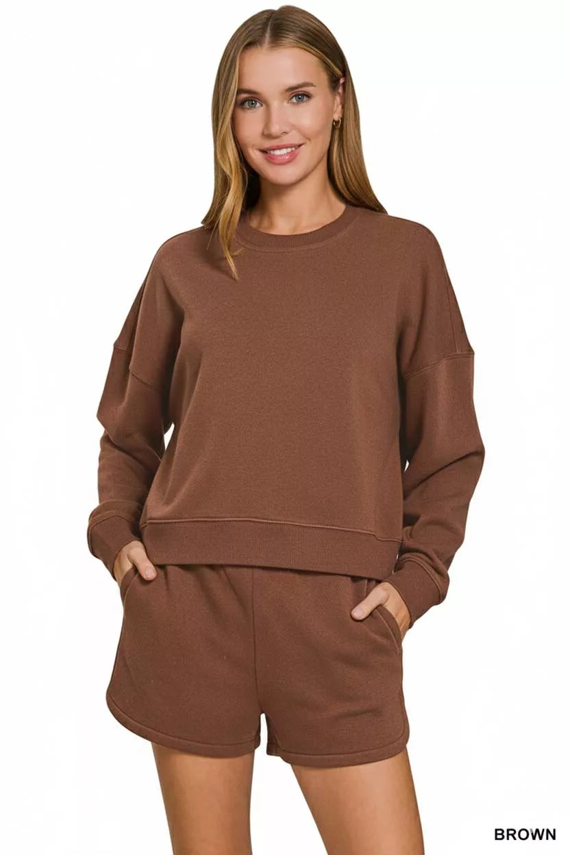 Zenana Fleece Long Sleeve Sweatshirts and Shorts Set