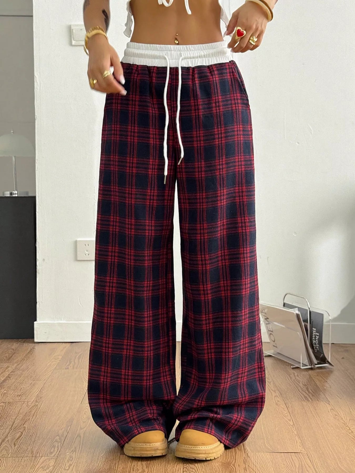 Plaid Wide-Leg Pants with Elastic Waistband