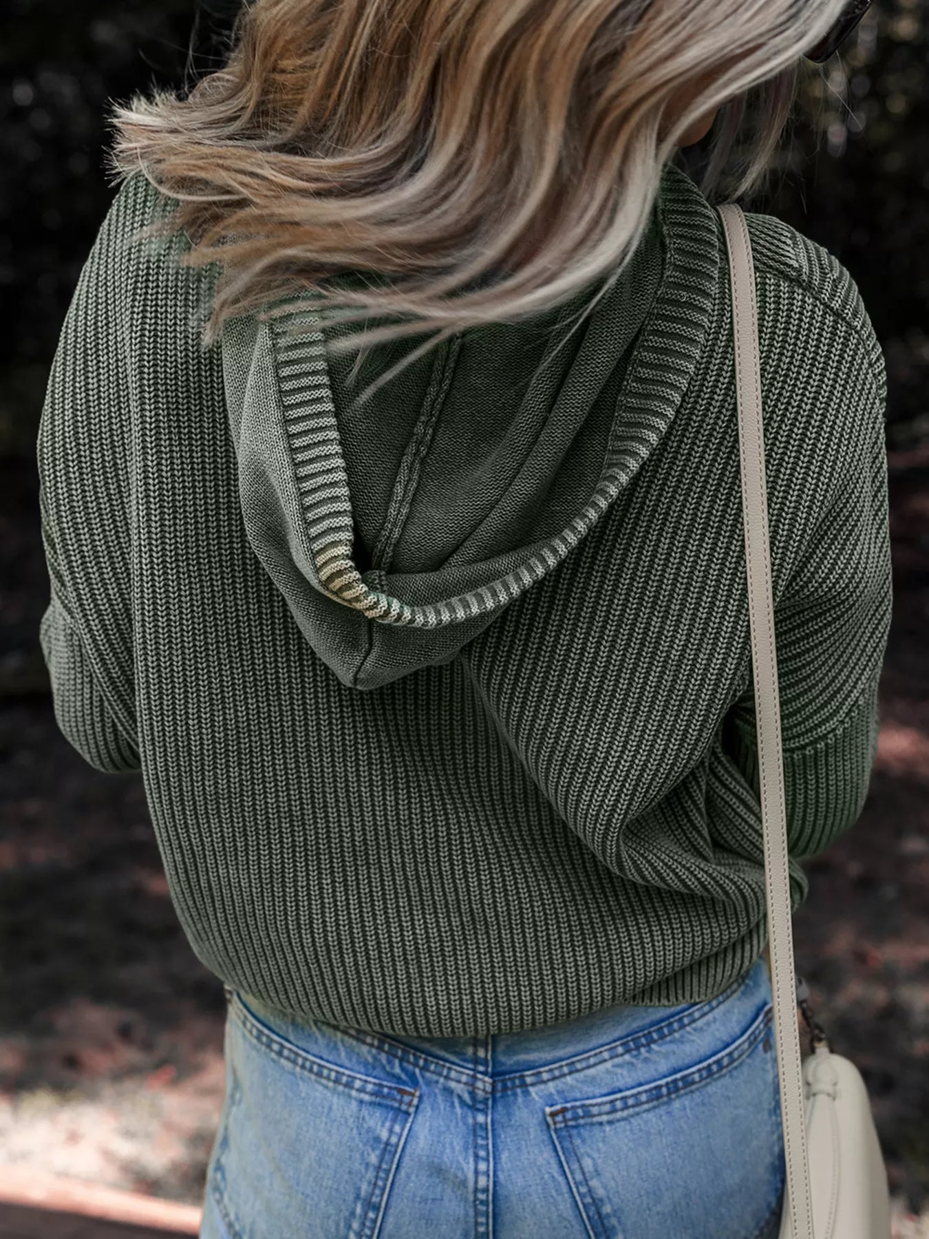 Mineral Wash Ribbed Knit Button Drawstring Neck Hooded Sweater