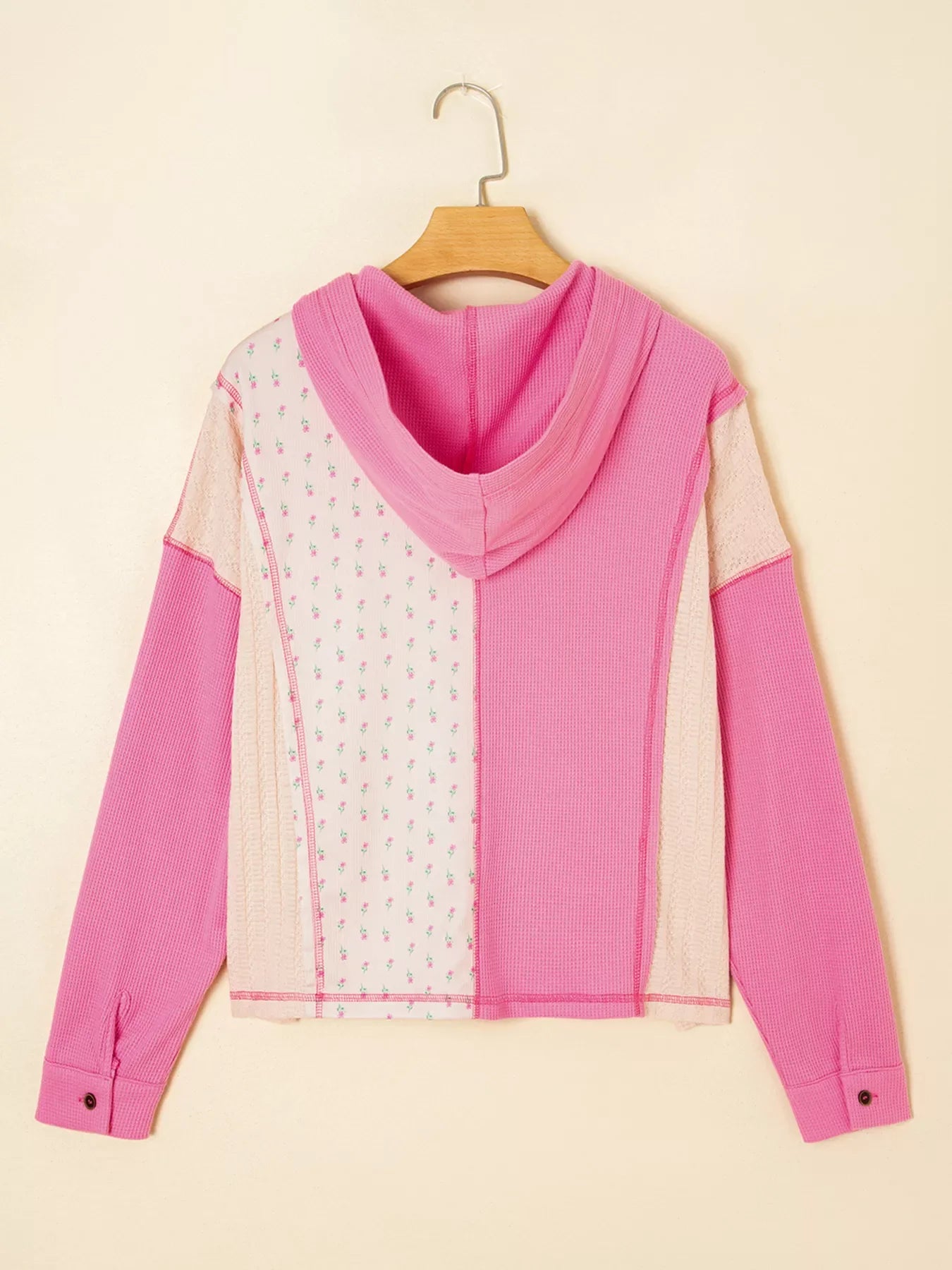 Mixed Texture Waffle Floral Patchwork Hooded Oversize Pullover