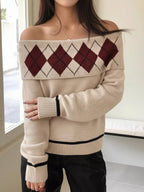 Off-Shoulder Argyle Pattern Sweater