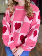 Heart Pattern Checkered Round Neck Sweater
