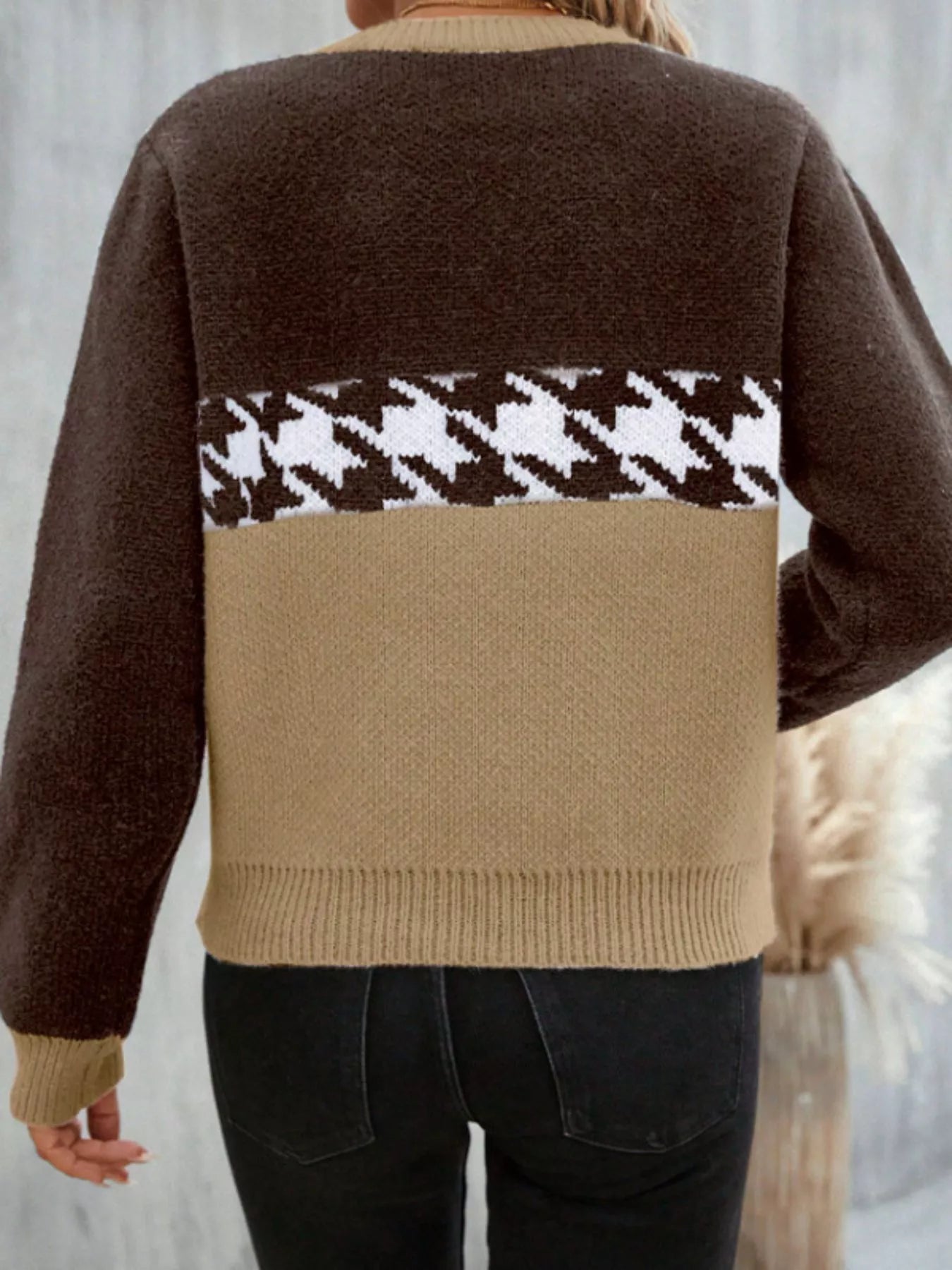Houndstooth Pattern Color Block Sweater