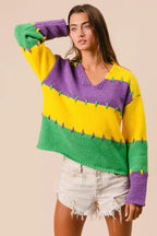 BiBi Stitch Detail Mardi Gras Stripes Sweater