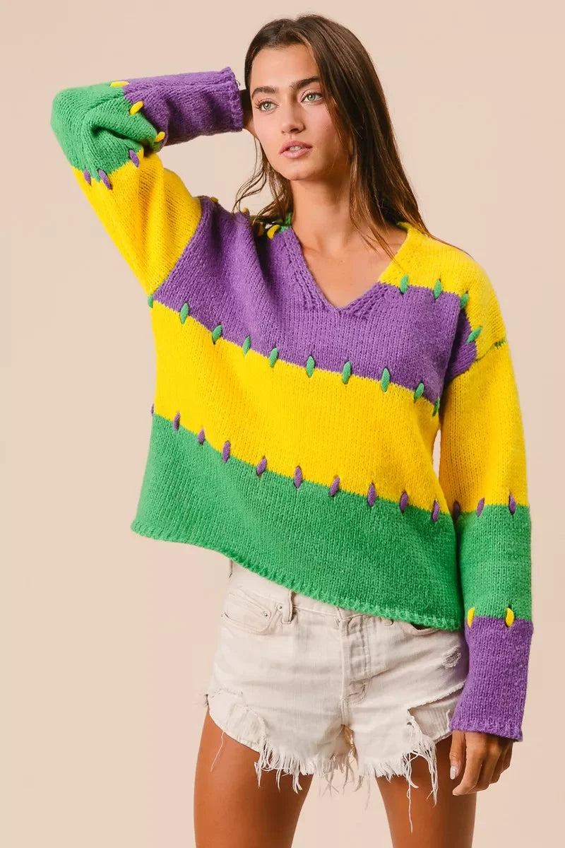 BiBi Stitch Detail Mardi Gras Stripes Sweater