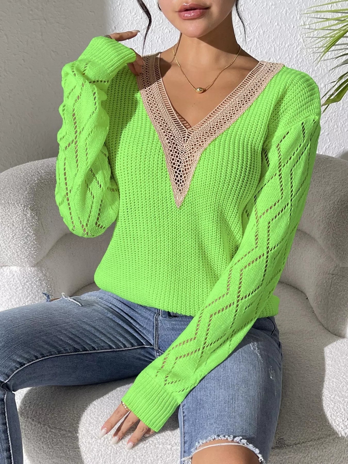 V-Neck Hollow Knit Sweater
