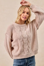 BiBi Cable Knit Sweater with Shoulder Braid Detail
