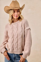 BiBi Cable Knit Sweater with Shoulder Braid Detail
