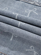 Bow Knot Print Light Wash Raw Hem Denim Jacket