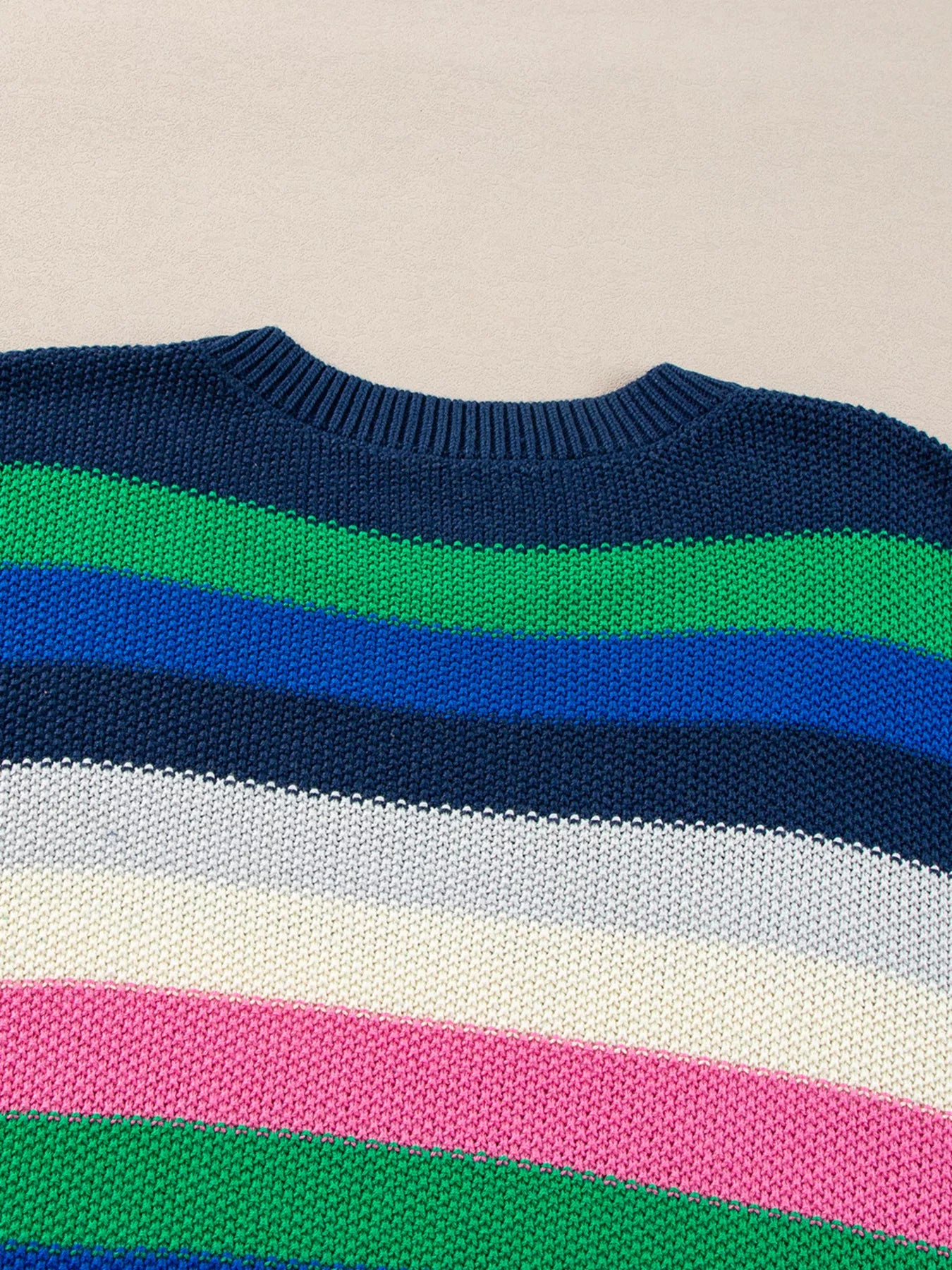 Rainbow Striped Crew Neck Drop Shoulder Sweater