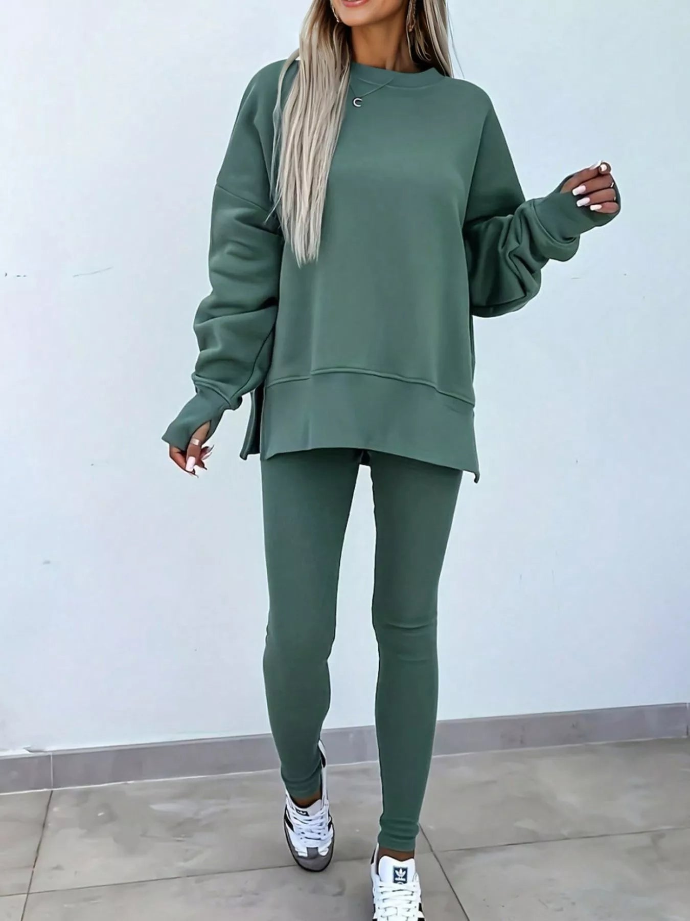 Solid Color Oversize Slit Sweatshirt and Ribbed Leggings 2pcs Set