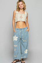 POL Floral Patch Washed Textured Twill Pants with Crochet See Thru Patch