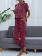 Round Neck Short Sleeve Top and Pants Lounge Set