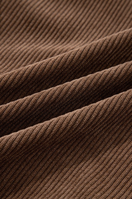 Solid Corduroy Lapel Collar Zip-Up Buttoned Jacket