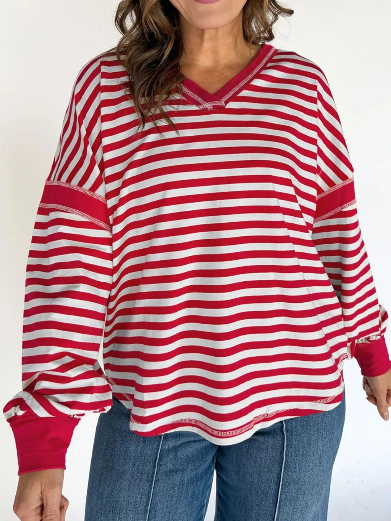 Striped V-Neck Long Sleeve Sweatshirt
