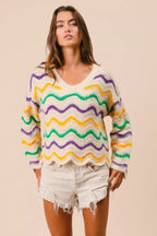BiBi Mardi Gras Wavy Stripes V-Neck Sweater